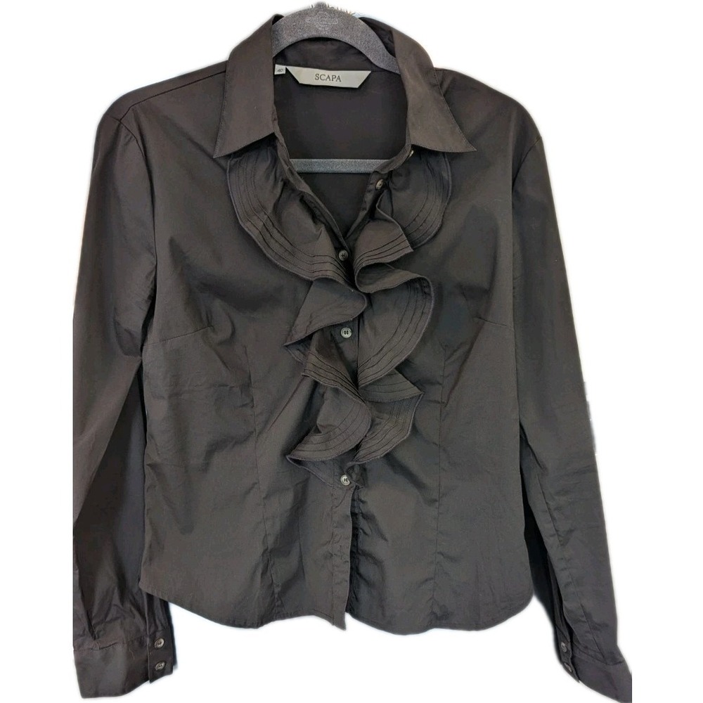EUC Scapa Blouse 40 US M Shirt Brown Ruffle Bodice Cowgirl‎ Equestrian Western